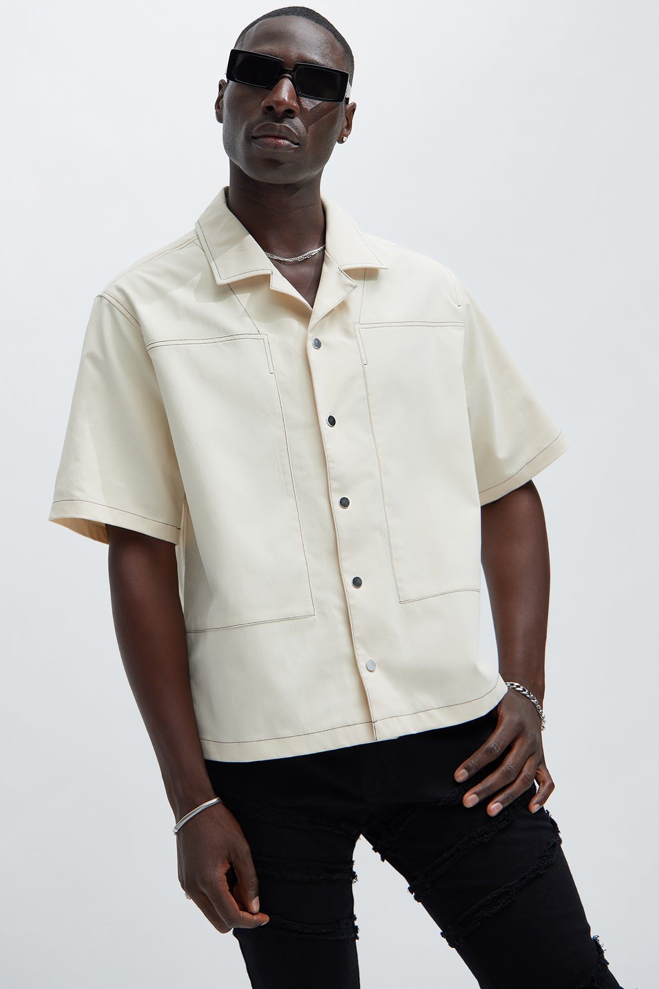 Hudson Contrast Stitching Shirt - Cream sold by Fashion Nova