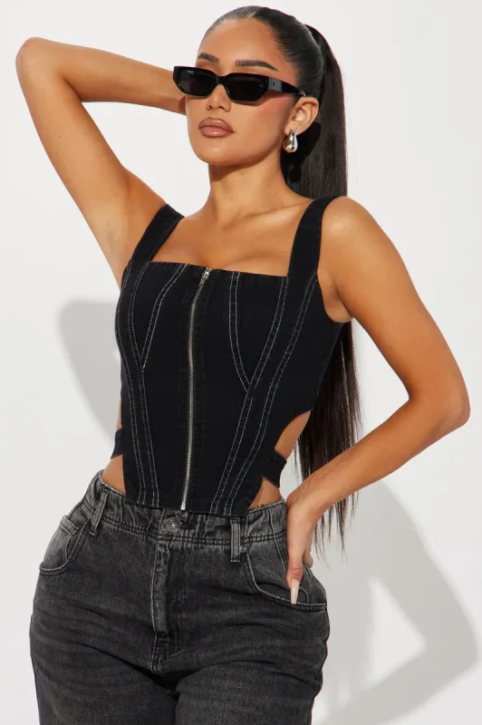 Keep That Energy Denim Corset Top - Black sold by Fashion Nova