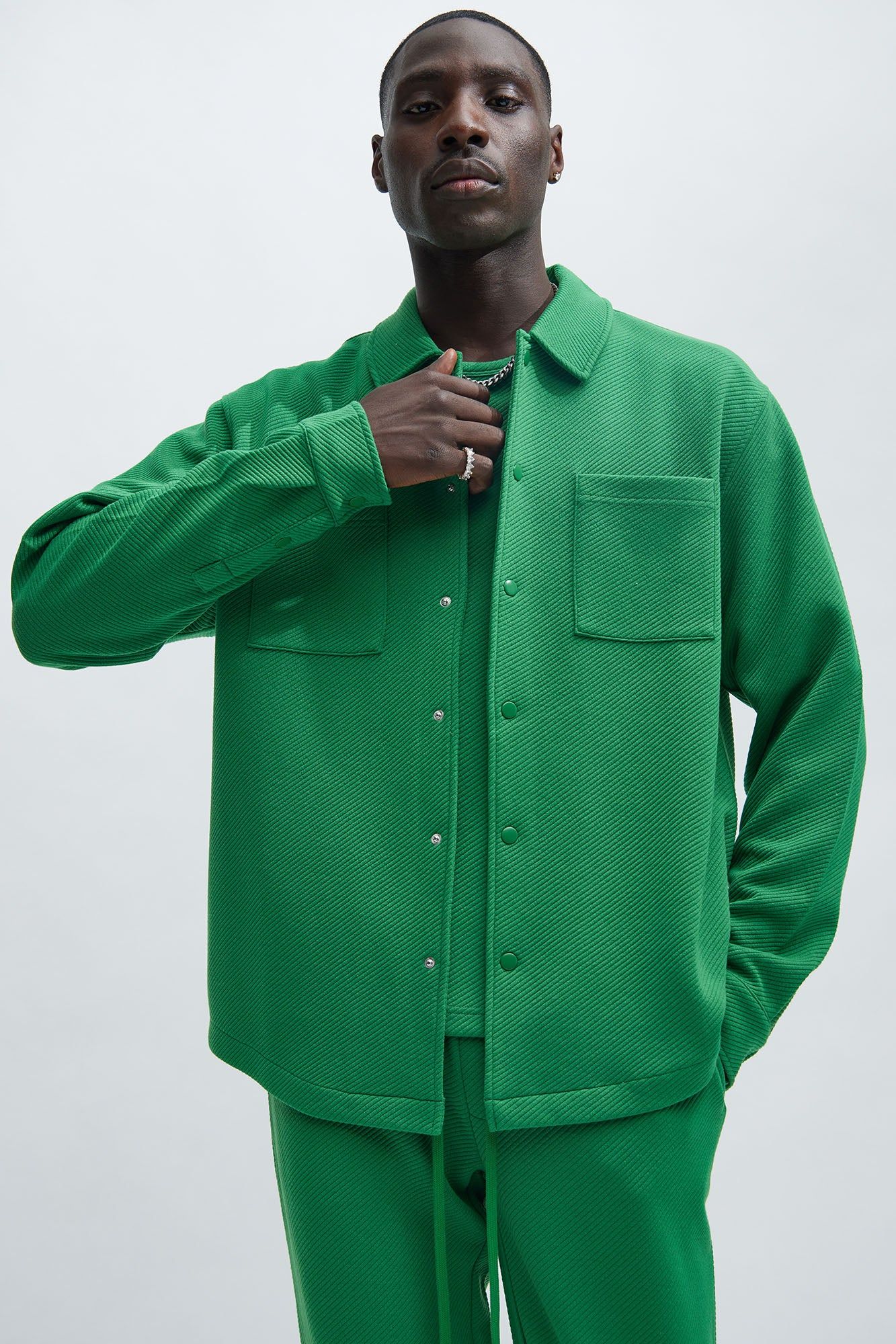 Kina Textured Long Sleeve Shirt - Green sold by Fashion Nova