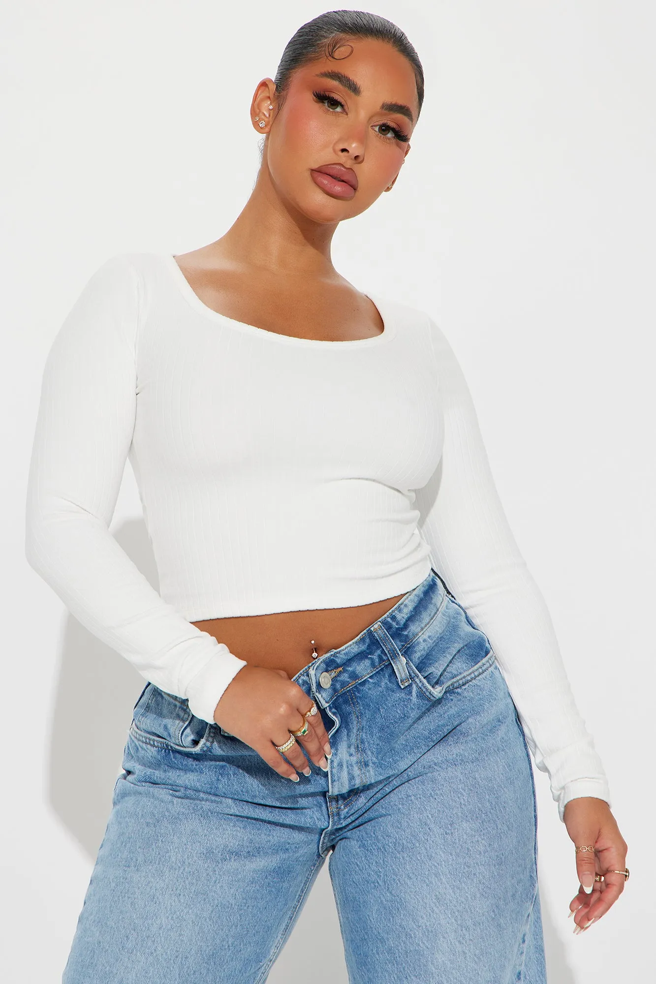 Taylor Scoop Neck Long Sleeve Top - Off White sold by Fashion Nova