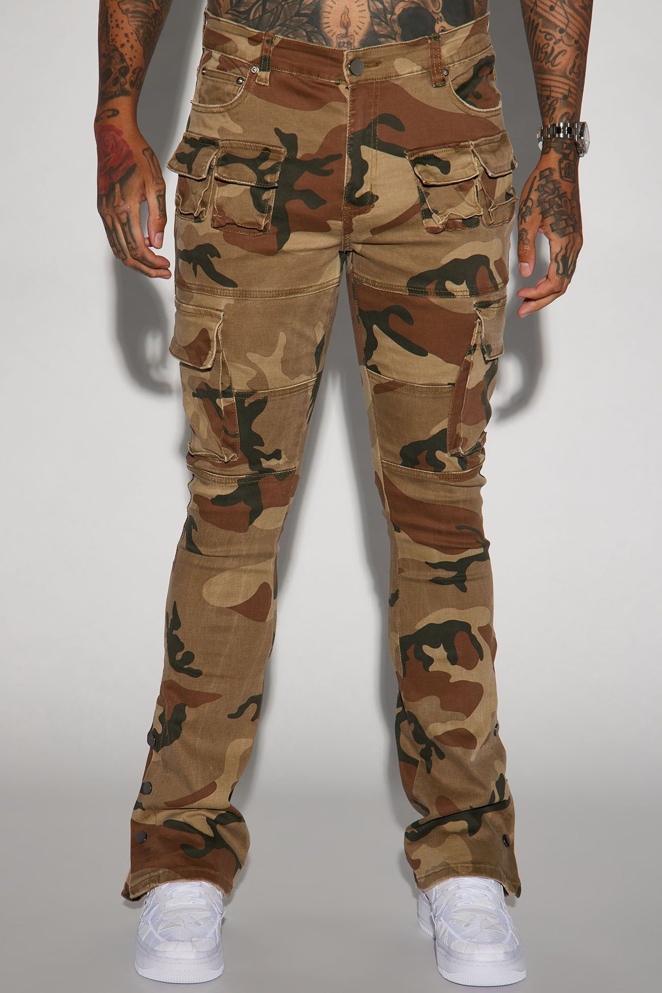 Snap At It Cargo Stacked Skinny Flare Pants - Camouflage sold by Fashion Nova product image thumbnail 6