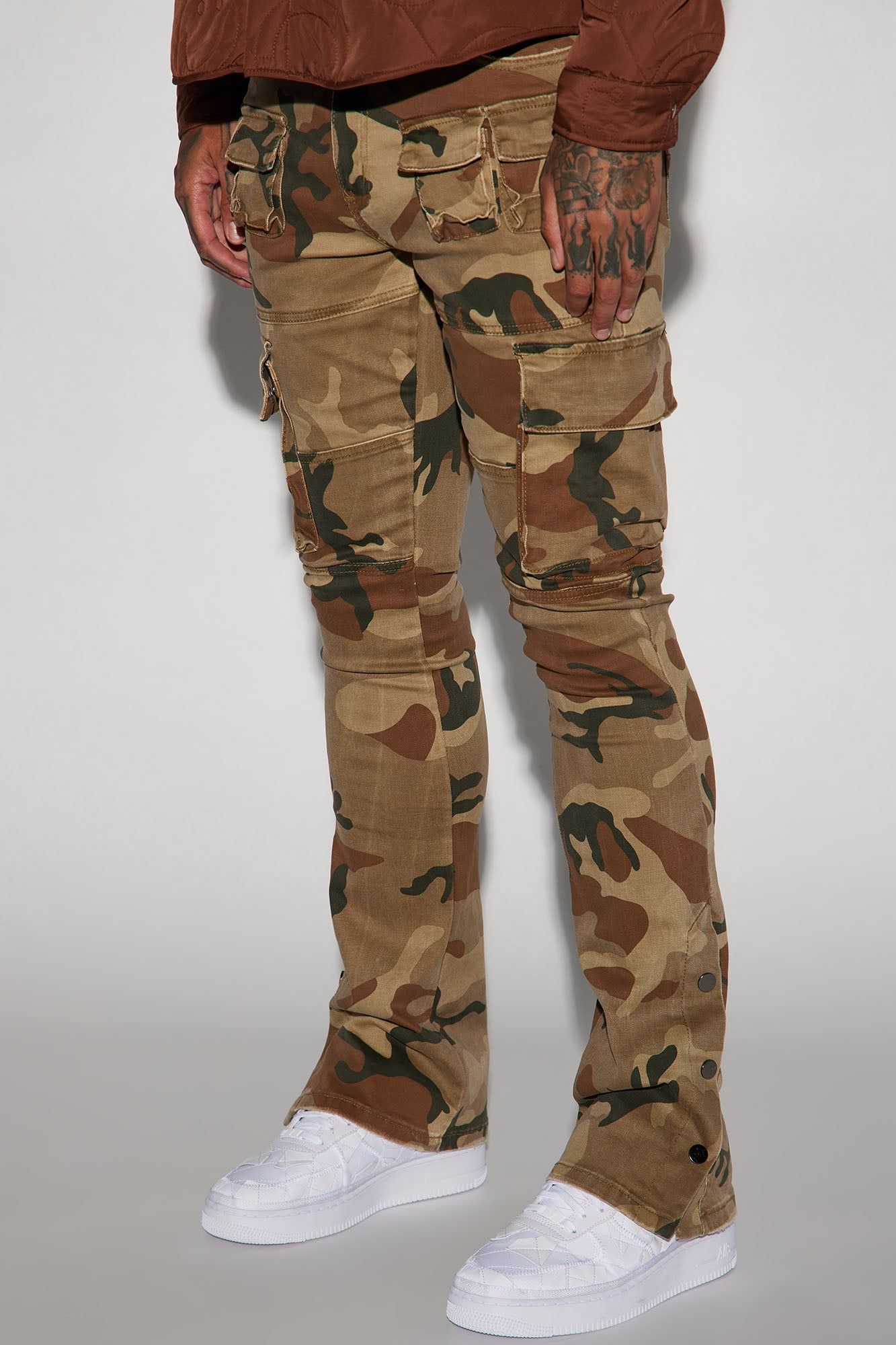 Snap At It Cargo Stacked Skinny Flare Pants - Camouflage sold by Fashion Nova