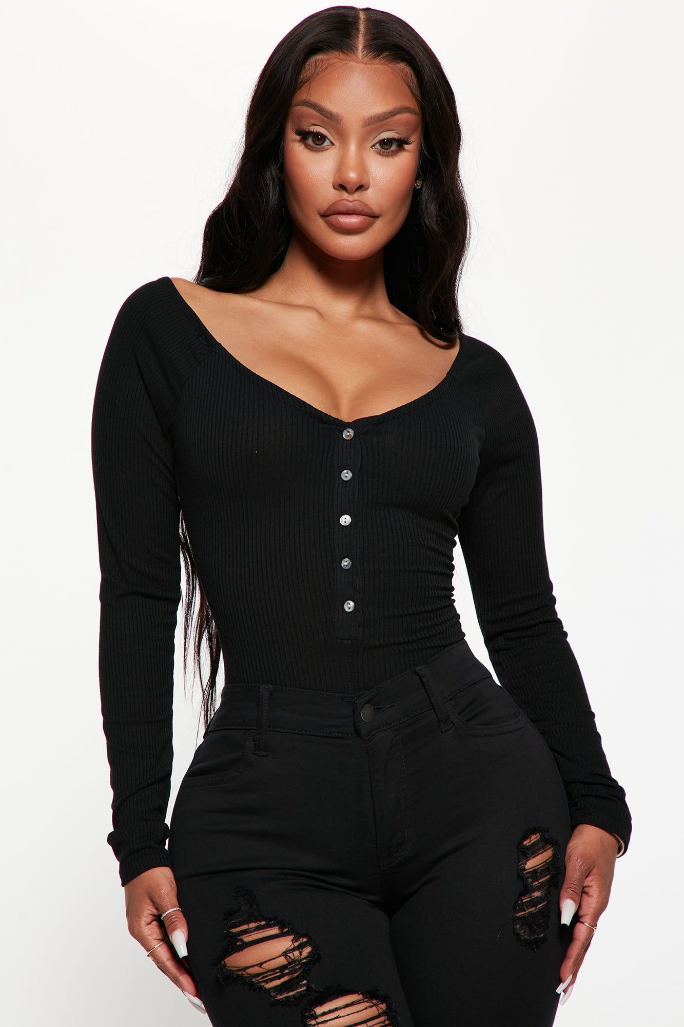 Hazel Ribbed Henley Bodysuit - Black sold by Fashion Nova product image thumbnail 3