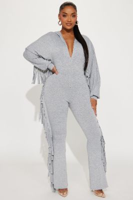 Caught In The Fringe Jumpsuit - Heather Grey sold by Fashion Nova