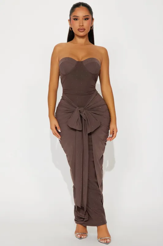 Harlow Rhinestone Mesh Maxi Dress - Chocolate sold by Fashion Nova