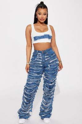 Never Low Key Shredded Straight Leg Jeans - Dark Wash sold by Fashion Nova