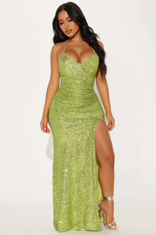 Lisa Ruched Sequin Gown - Chartreuse sold by Fashion Nova