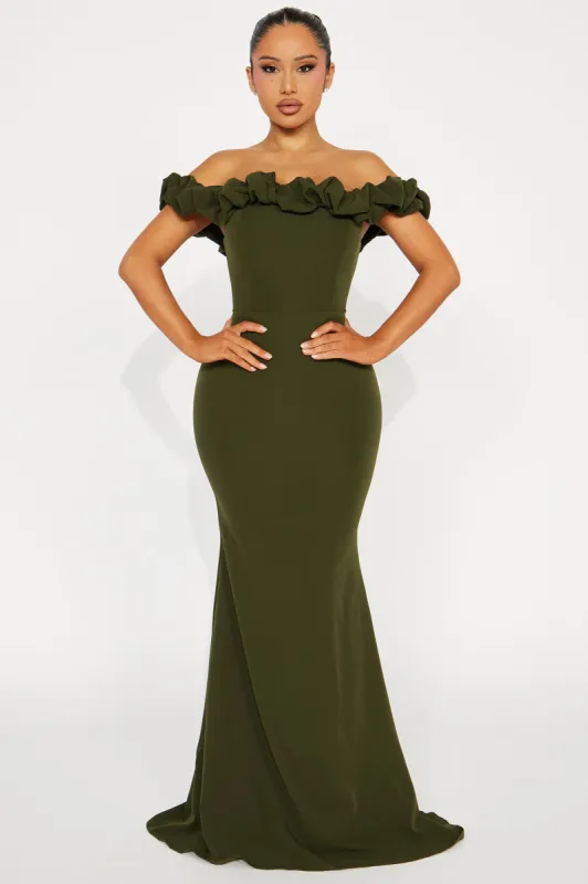 Daisy Off Shoulder Maxi Dress - Olive sold by Fashion Nova