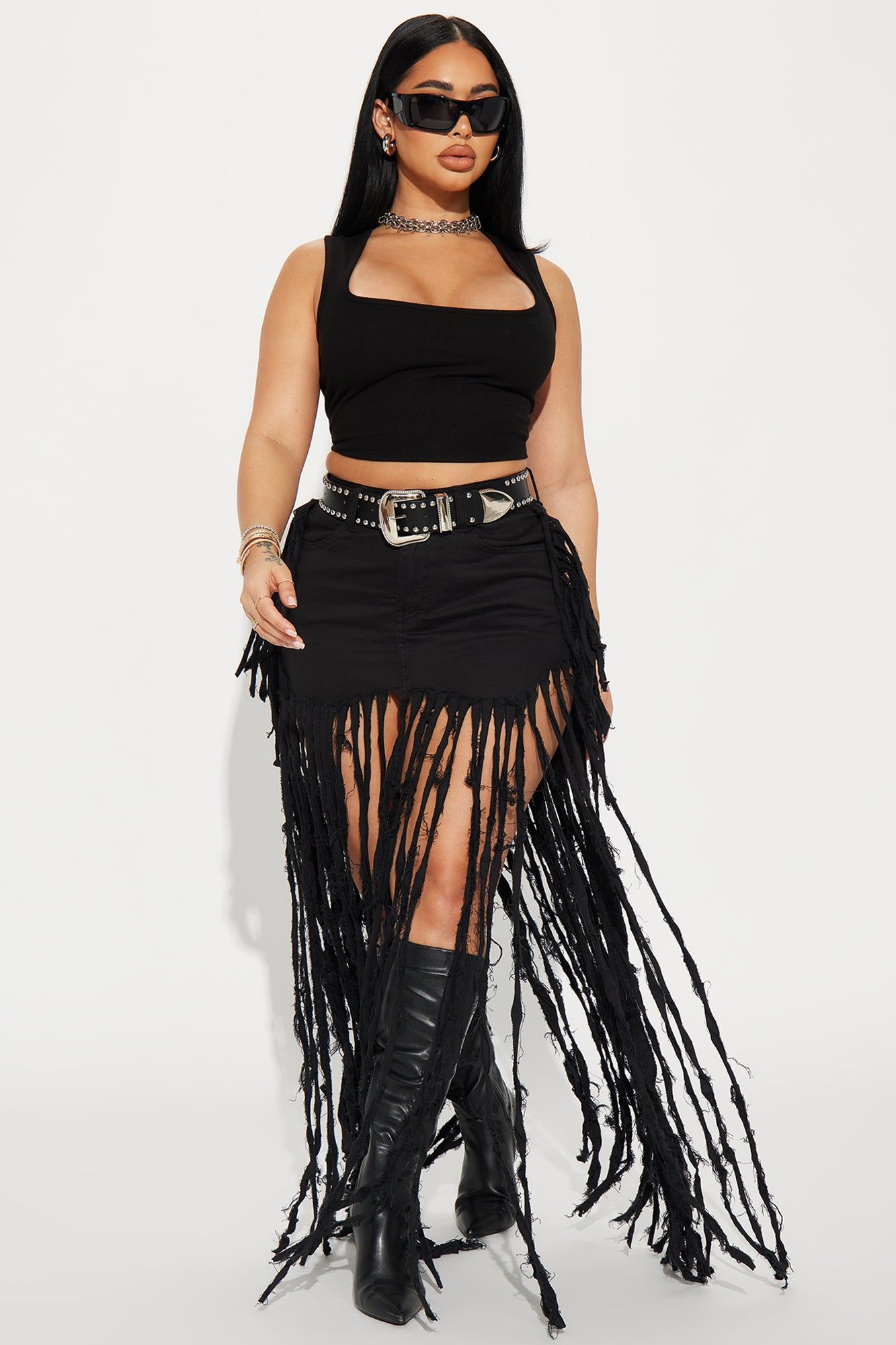 Dance the Night Away Fringed Maxi Skirt - Black sold by Fashion Nova