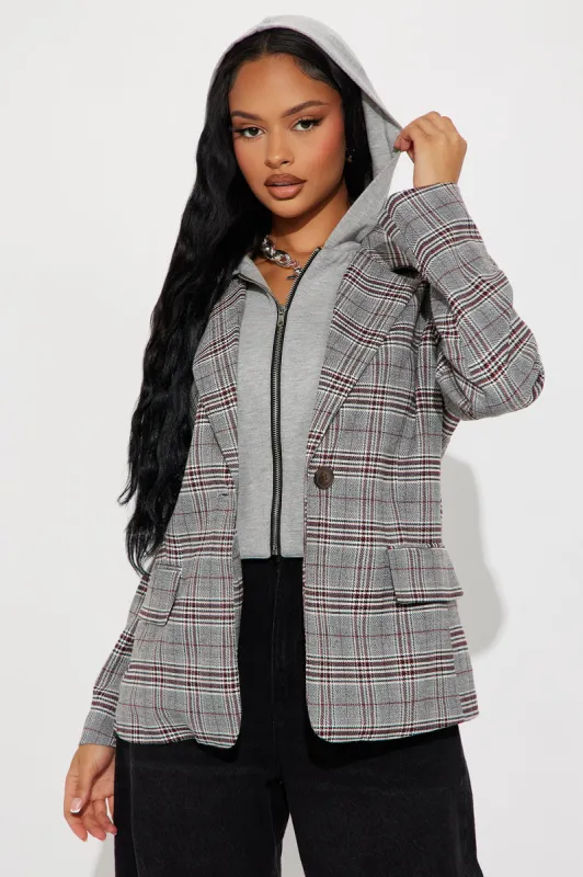 Street Smart Hooded Plaid Blazer - Grey/combo sold by Fashion Nova
