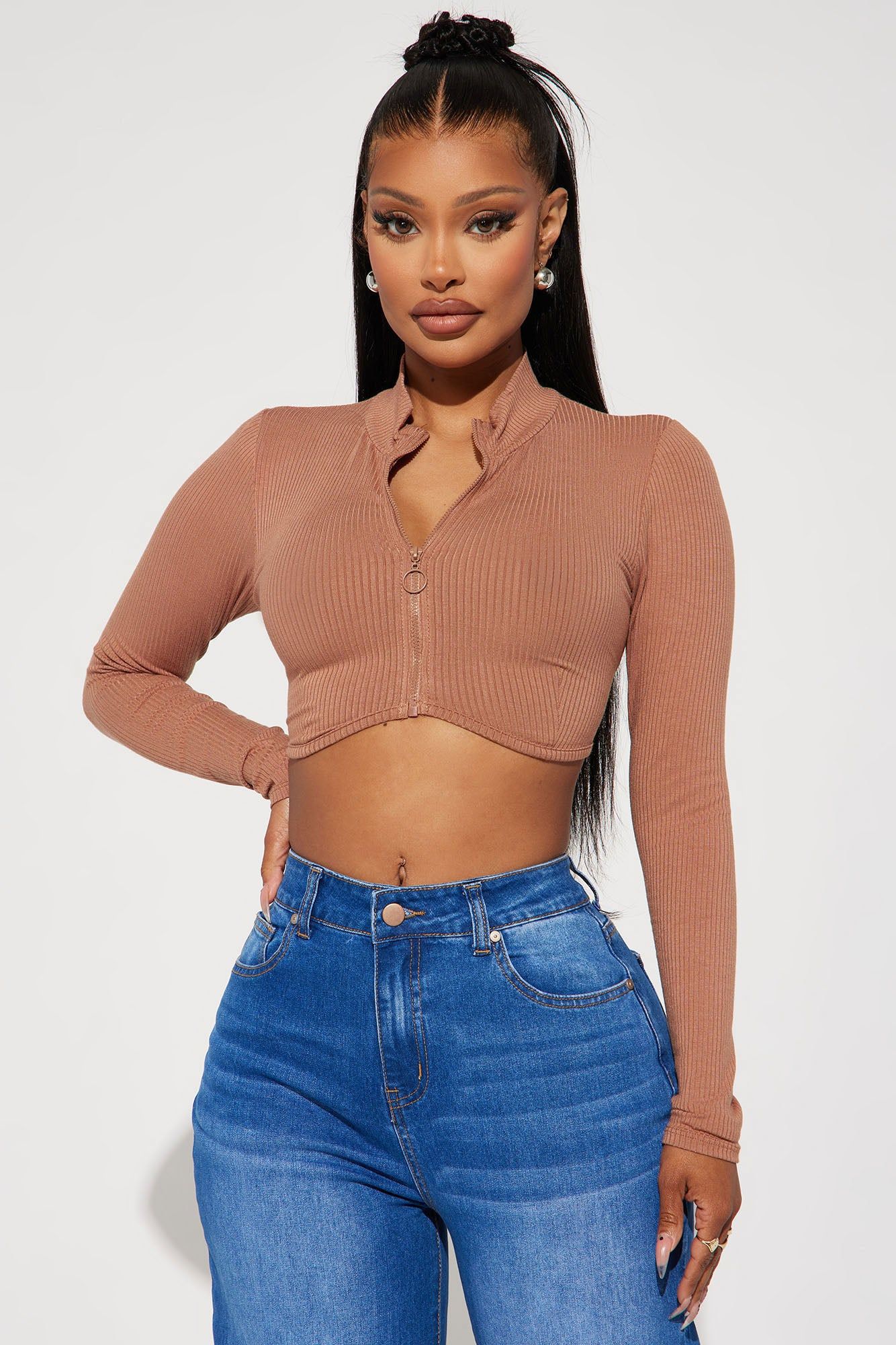 Nikita Ribbed Zip Up Top - Taupe sold by Fashion Nova