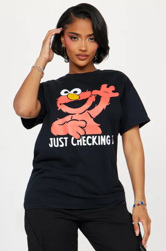 Just Checking In Elmo Tee? - Black sold by Fashion Nova