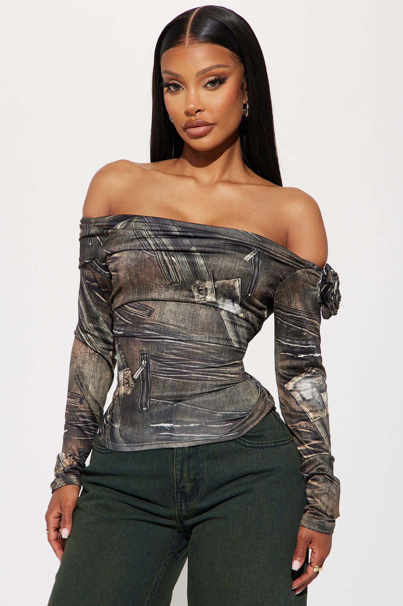 In My Era Off Shoulder Top - Olive/combo sold by Fashion Nova