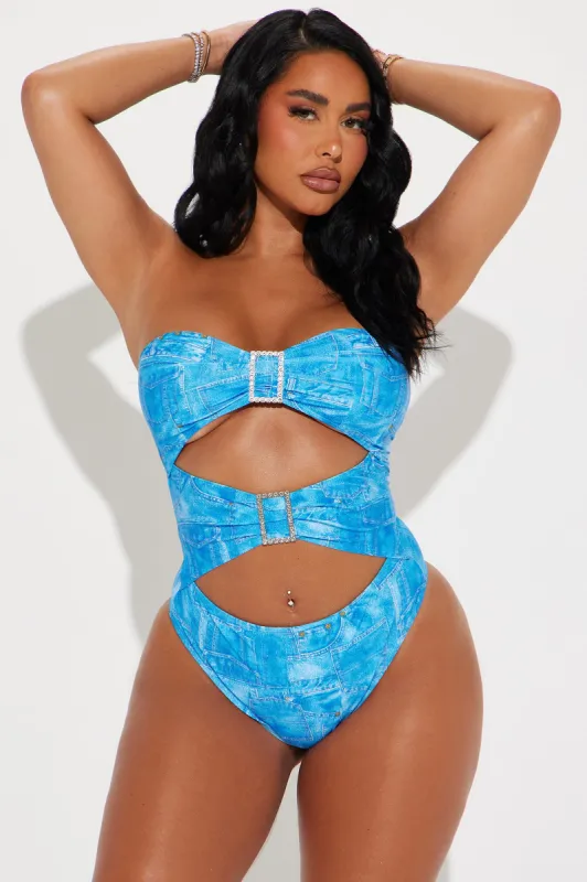 Kleo Rhinestone Buckle 1 Piece Swimsuit - Denim sold by Fashion Nova
