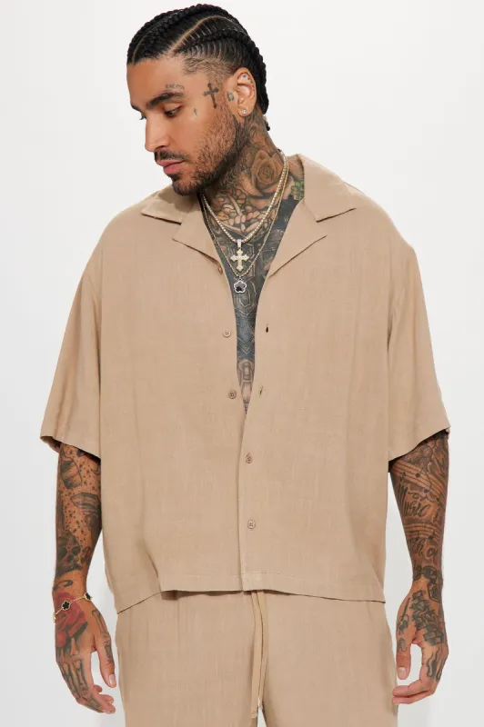 Solid Textured Linen Button Up Shirt - Brown sold by Fashion Nova