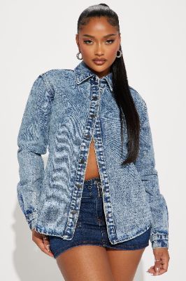 Roisin Washed Denim Shirt  - Acid Wash Blue made by Fashion Nova