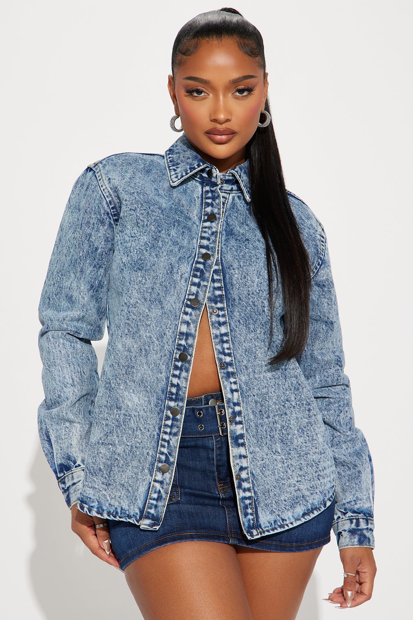 Roisin Washed Denim Shirt - Acid Wash Blue sold by Fashion Nova