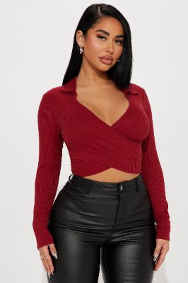 Monica Long Sleeve Wrap Top - Burgundy sold by Fashion Nova