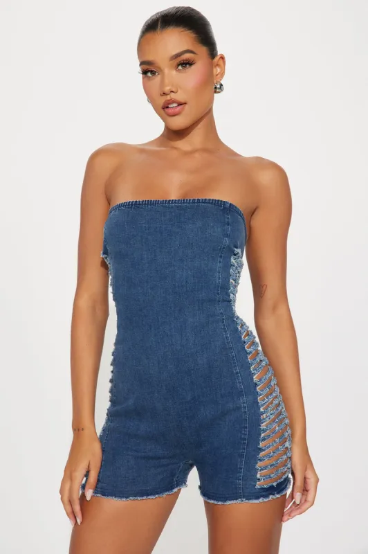 Worth It Distressed Romper - Medium Wash sold by Fashion Nova