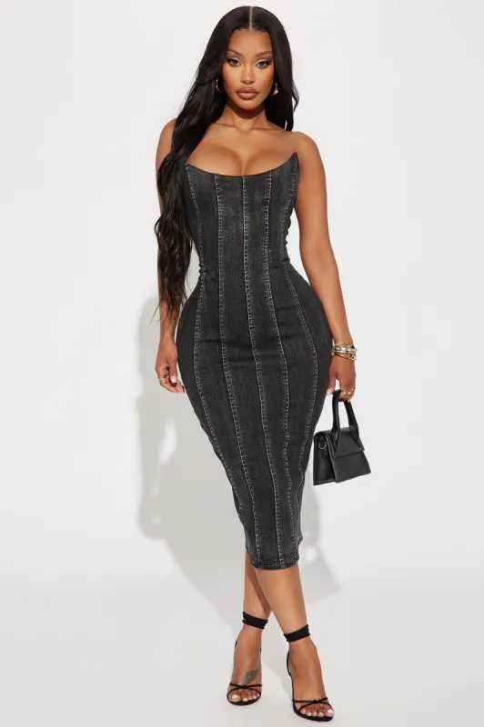Hottie Denim Midi Dress - Black Wash sold by Fashion Nova