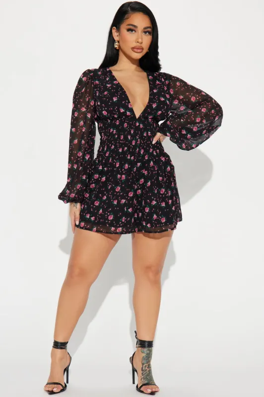 Thinking About You Floral Romper - Black/combo sold by Fashion Nova