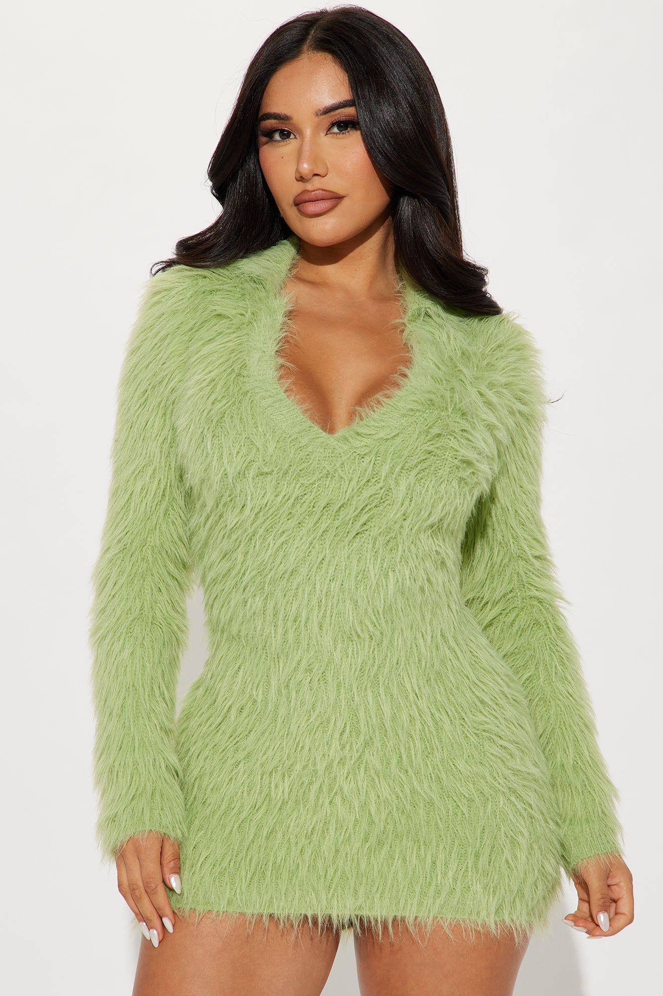 Liliana Fuzzy Sweater Mini Dress - Chartreuse sold by Fashion Nova