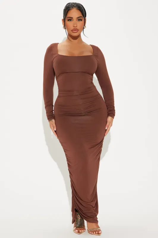 All Ruched Up Maxi Dress - Brown sold by Fashion Nova
