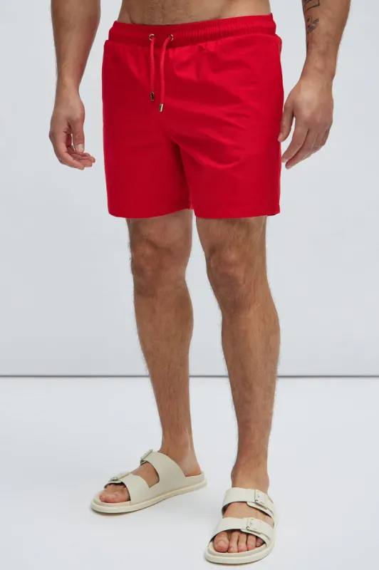 Montez Stretch Swim Trunk Mid - Brick Red sold by Fashion Nova