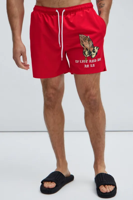 Live And Die In LA Swim Trunks - Red sold by Fashion Nova