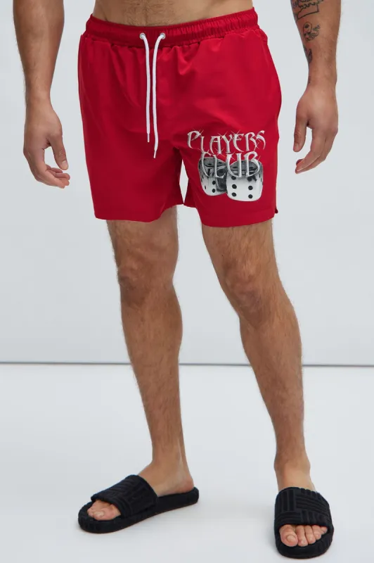 Players Club Dice Roll Swim Trunks - Burgundy sold by Fashion Nova