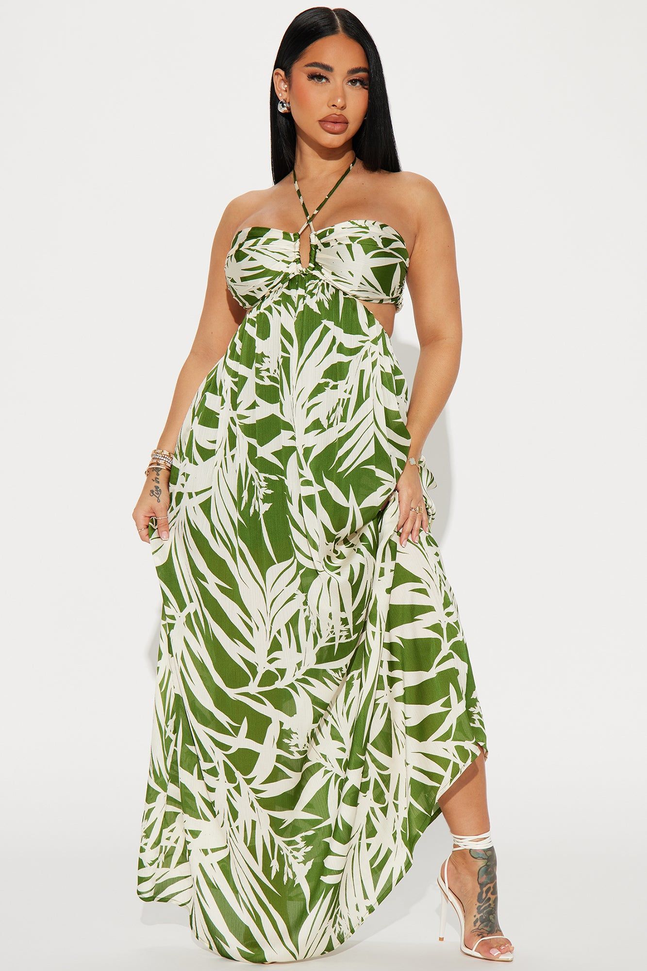 Tropical Satin Maxi Dress - Green/combo sold by Fashion Nova