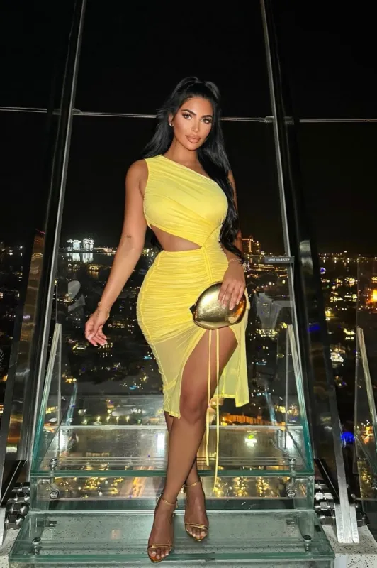 Amber Glow Mesh Midi Dress - Yellow sold by Fashion Nova