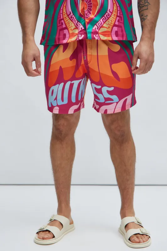 Eyes On Medusa Swim Trunks - Fuchsia/combo sold by Fashion Nova