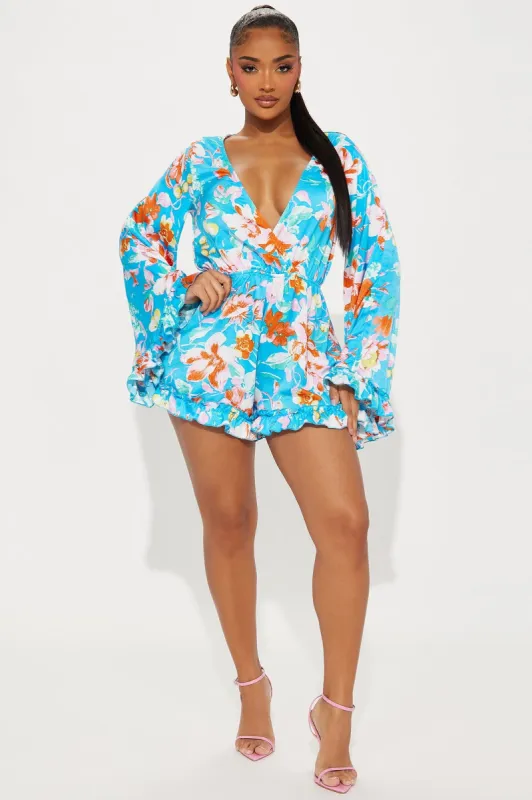 Take Me Away With You Romper - Blue/combo sold by Fashion Nova