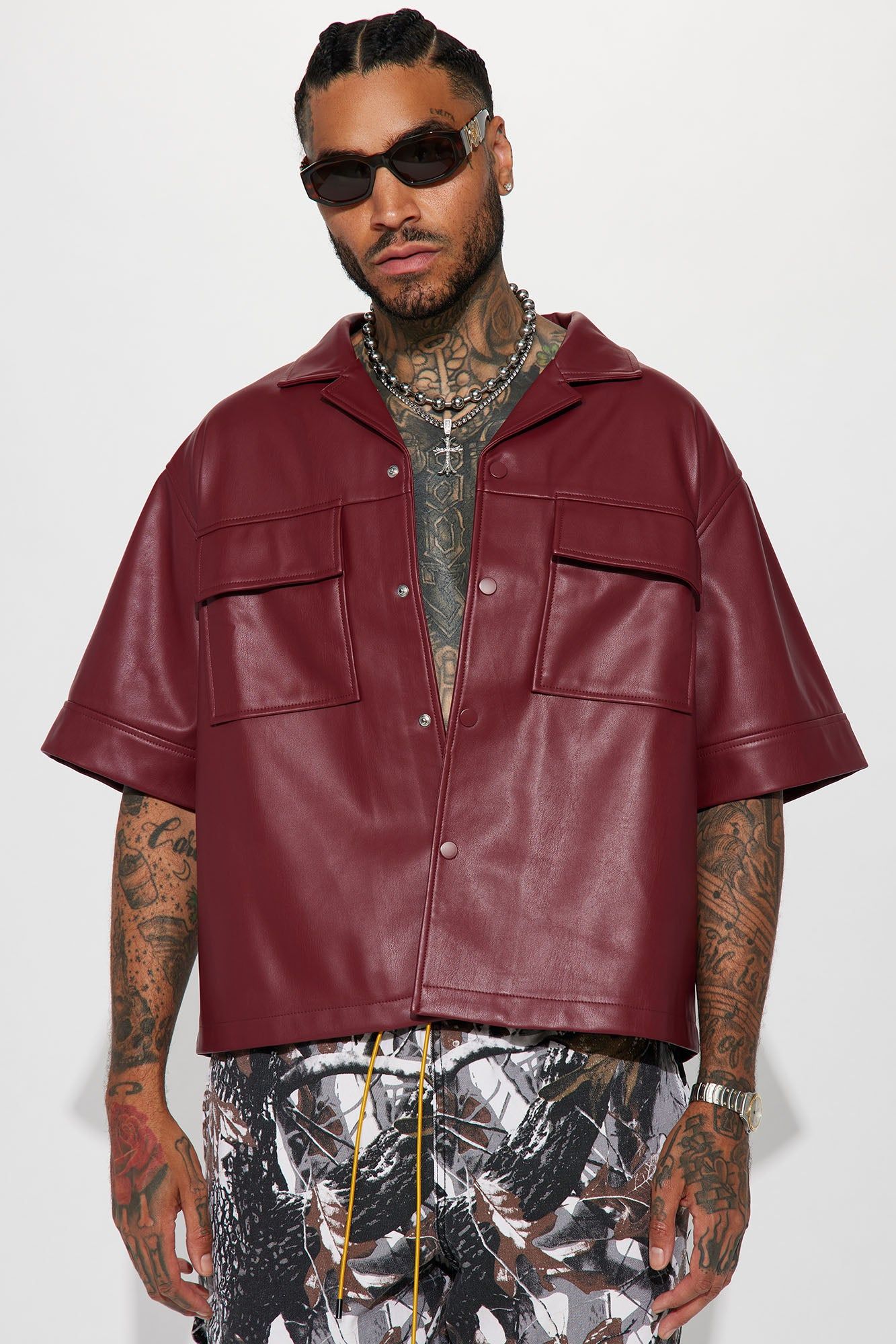 High Stepper Faux Leather Button Up Shirt - Burgundy sold by Fashion Nova