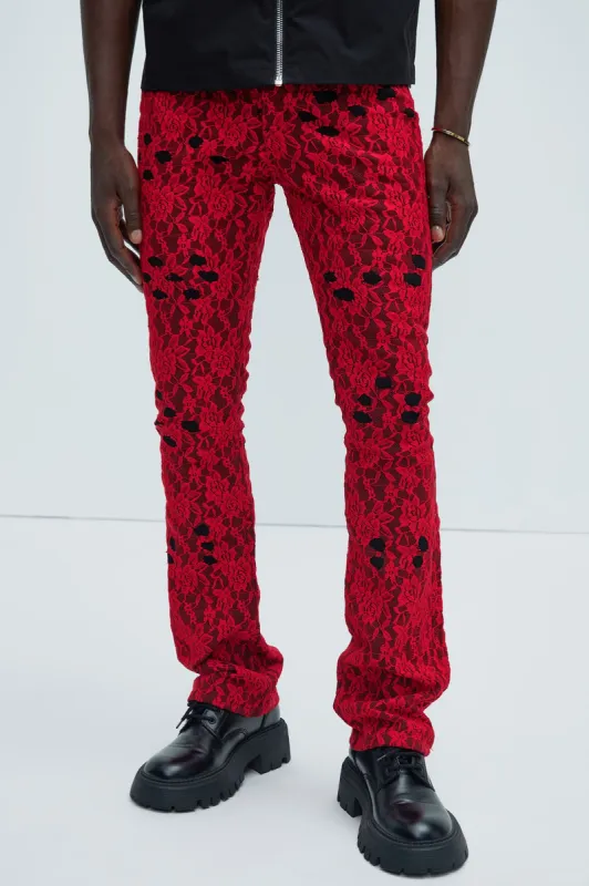 No Trace Just Lace Stacked Skinny Flare Pants - Black/Red sold by Fashion Nova
