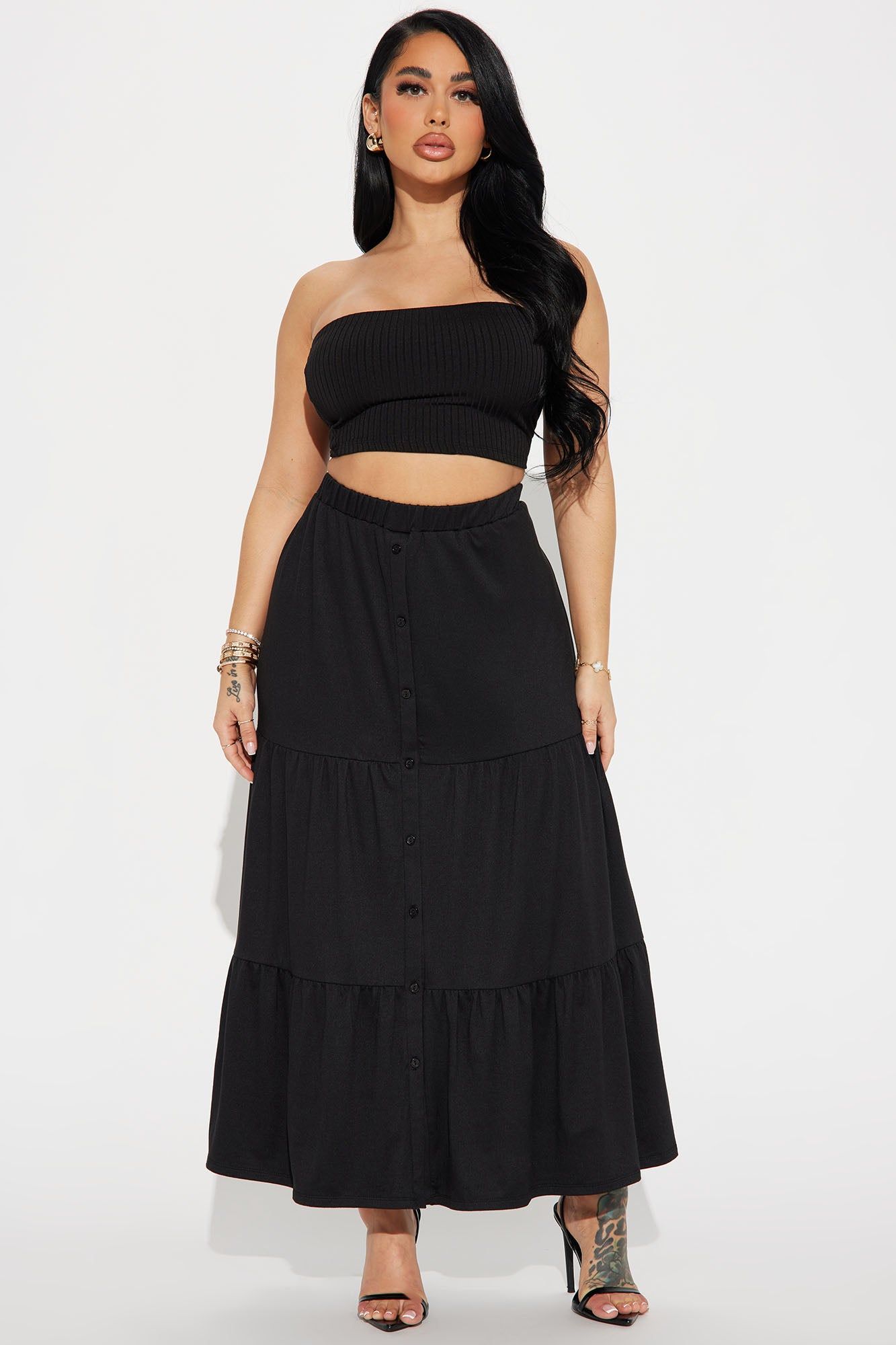Sometimes I'm Sweet Tiered Maxi Skirt - Black sold by Fashion Nova