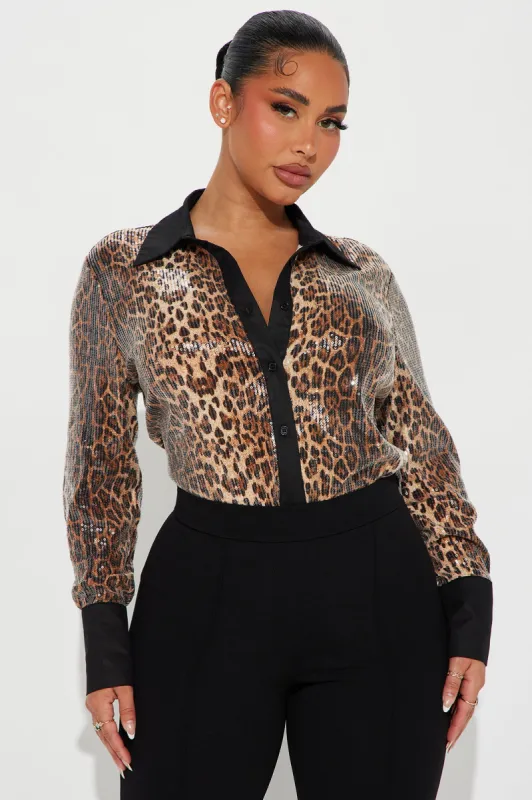 Gianna Leopard Sequin Shirt - Leopard sold by Fashion Nova