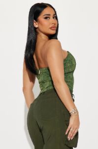 Doing Me Washed Denim Corset Top - Olive/combo sold by Fashion Nova