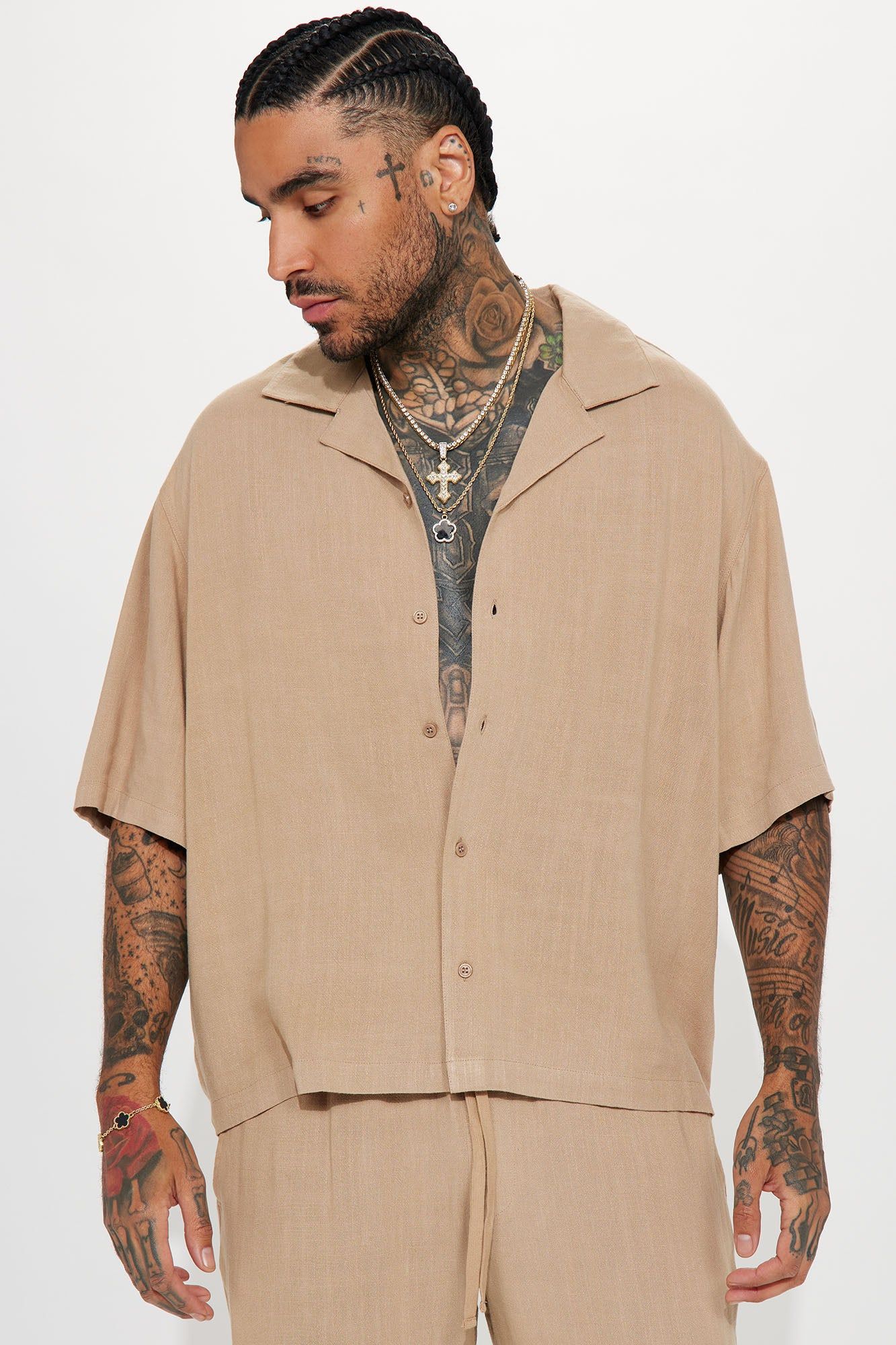 Solid Textured Linen Button Up Shirt - Brown sold by Fashion Nova