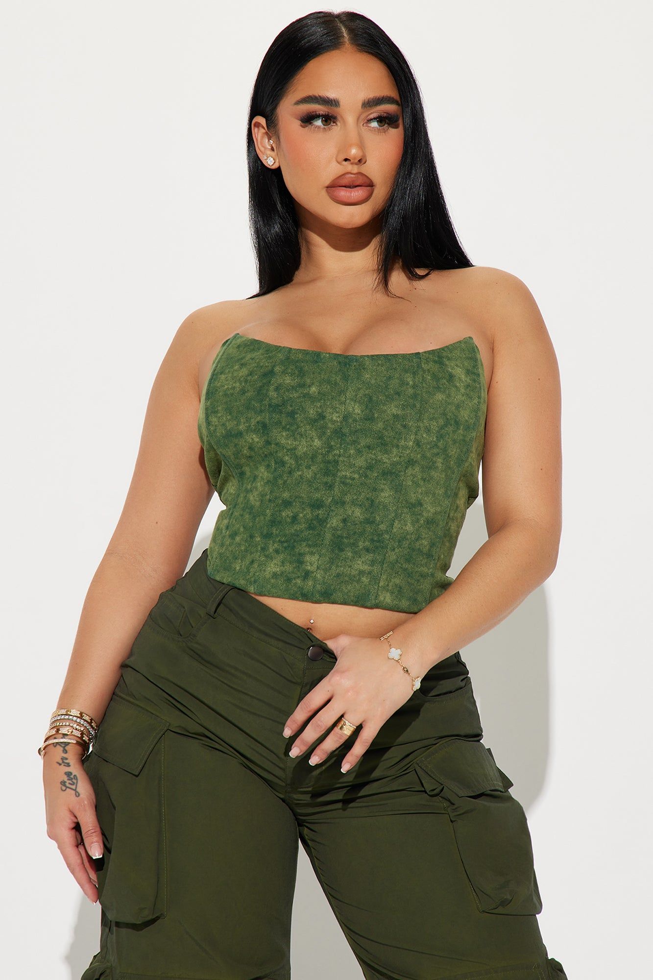 Doing Me Washed Denim Corset Top - Olive/combo sold by Fashion Nova