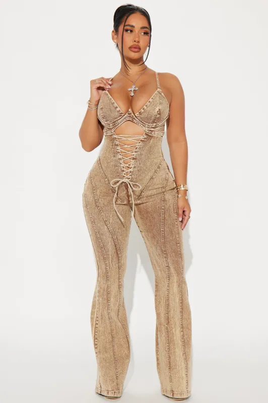 Level You Up Washed Denim Jumpsuit - Tan sold by Fashion Nova