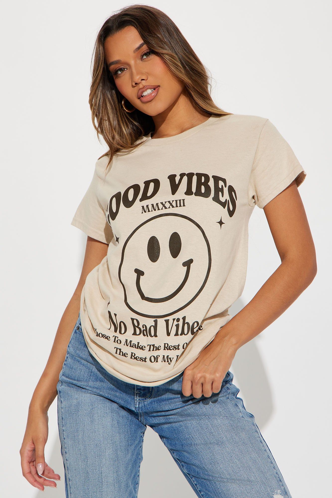 Best Vibe Smiley Tshirt - Sand sold by Fashion Nova