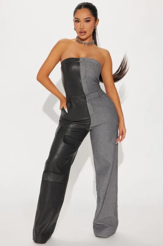 Change Your Mind Faux Leather Jumpsuit - Black/combo sold by Fashion Nova