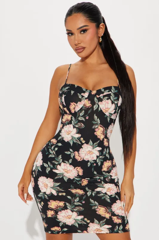 Angela Floral Mini Dress - Black sold by Fashion Nova