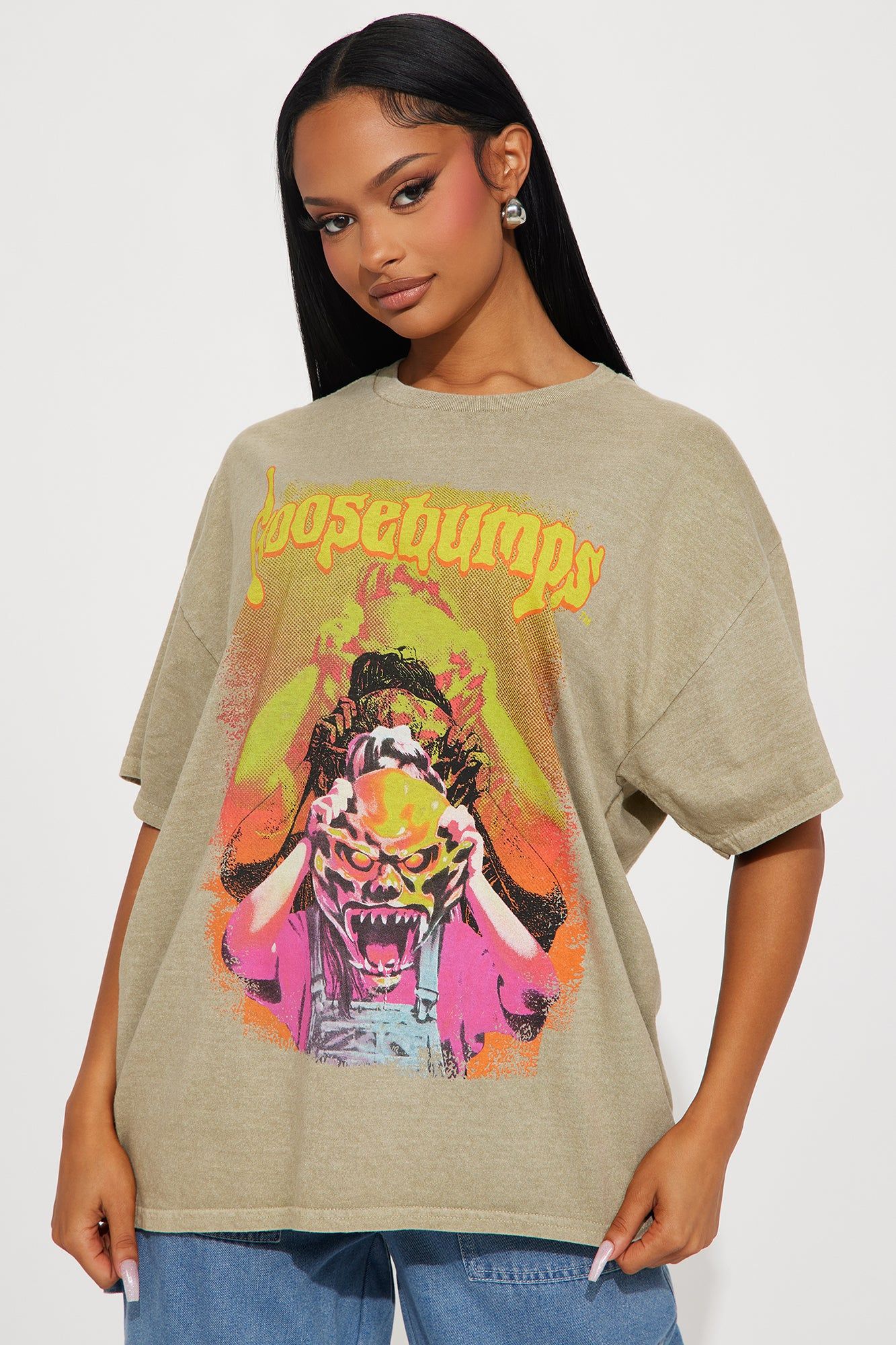 Goosebumps Thrill Graphic Tshirt - Taupe sold by Fashion Nova
