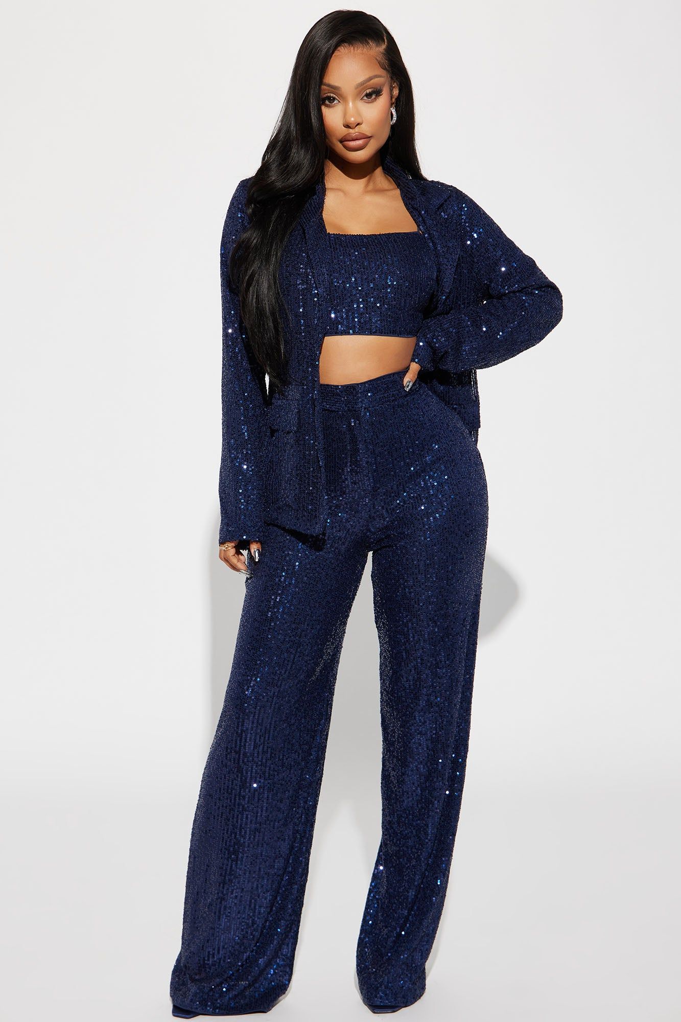 Sara Sequin Blazer Pant Set - Navy sold by Fashion Nova