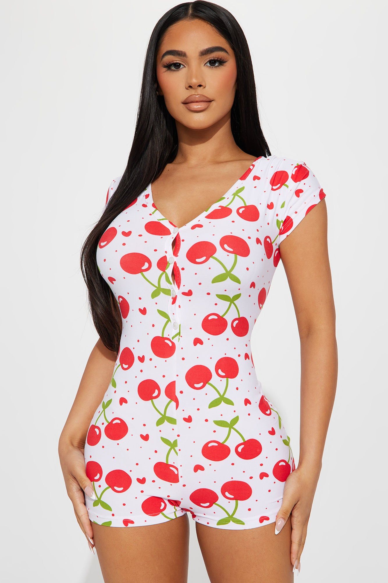 Sweet Cherry Dreams PJ Romper Onesie - White/combo sold by Fashion Nova
