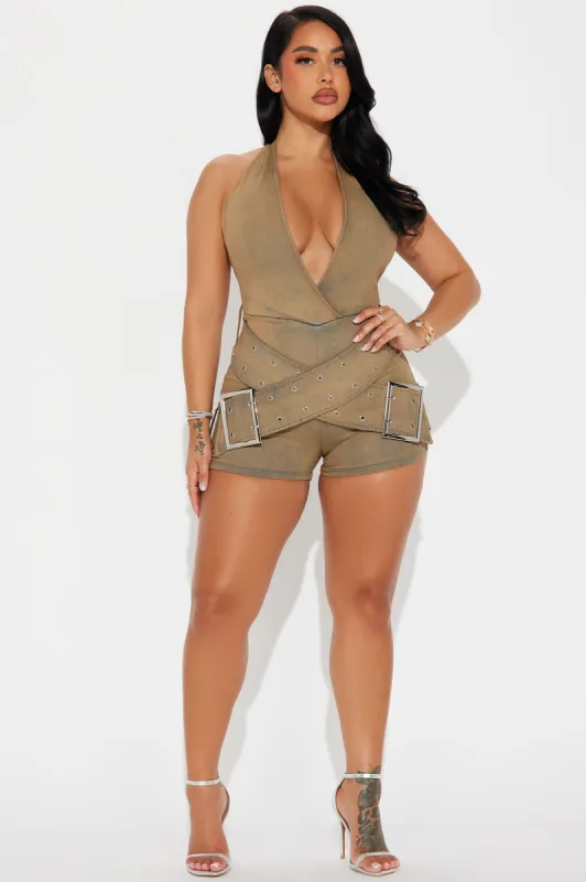 Buckle Up Denim Romper - Brown sold by Fashion Nova