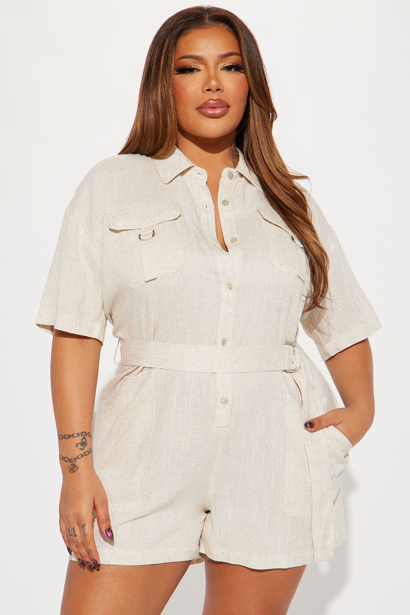 Not Letting Go Linen Romper - Oatmeal sold by Fashion Nova product image thumbnail 5